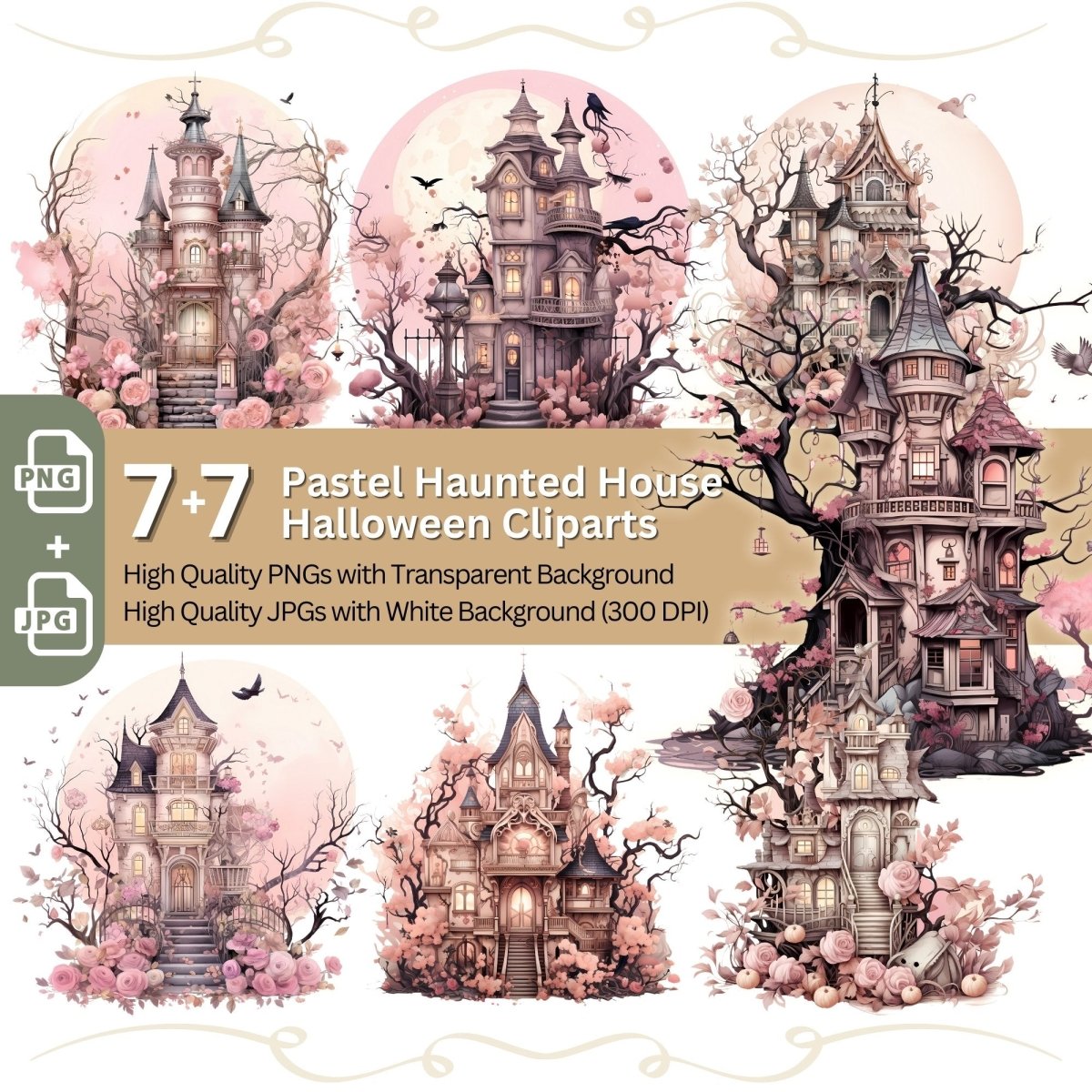 Haunted House Pastel Colors 7+7 PNG Clip Art Bundle Halloween Graphic - Everything Pixel