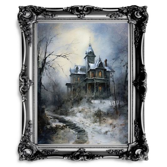 Haunted House Winter Wall Art Lonely Christmas Dark Cottagecore Artwork Gothic Christmas Art Melancholic Winter Paper Poster Print - Everything Pixel