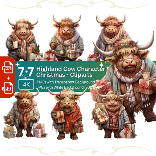Highland Cow Character Clipart 7+7 PNG JPG Funny Christmas - Everything Pixel