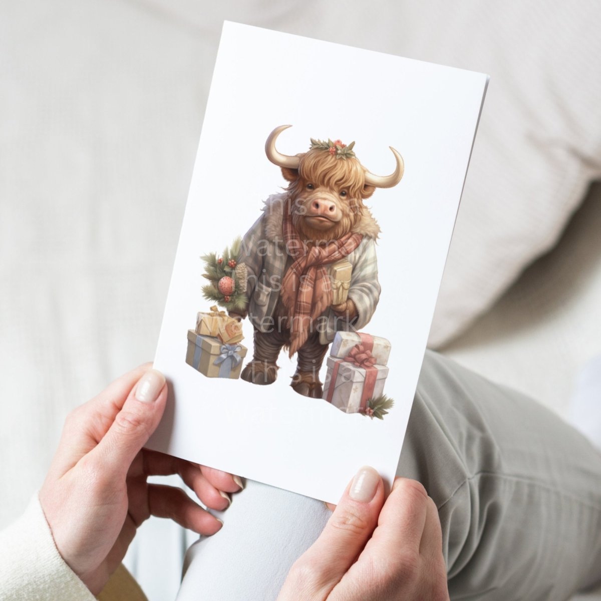 Highland Cow Character Clipart 7+7 PNG JPG Funny Christmas Invitation Card Graphic Paper Crafting Artwork T-Shirt Sublimation Design - Everything Pixel