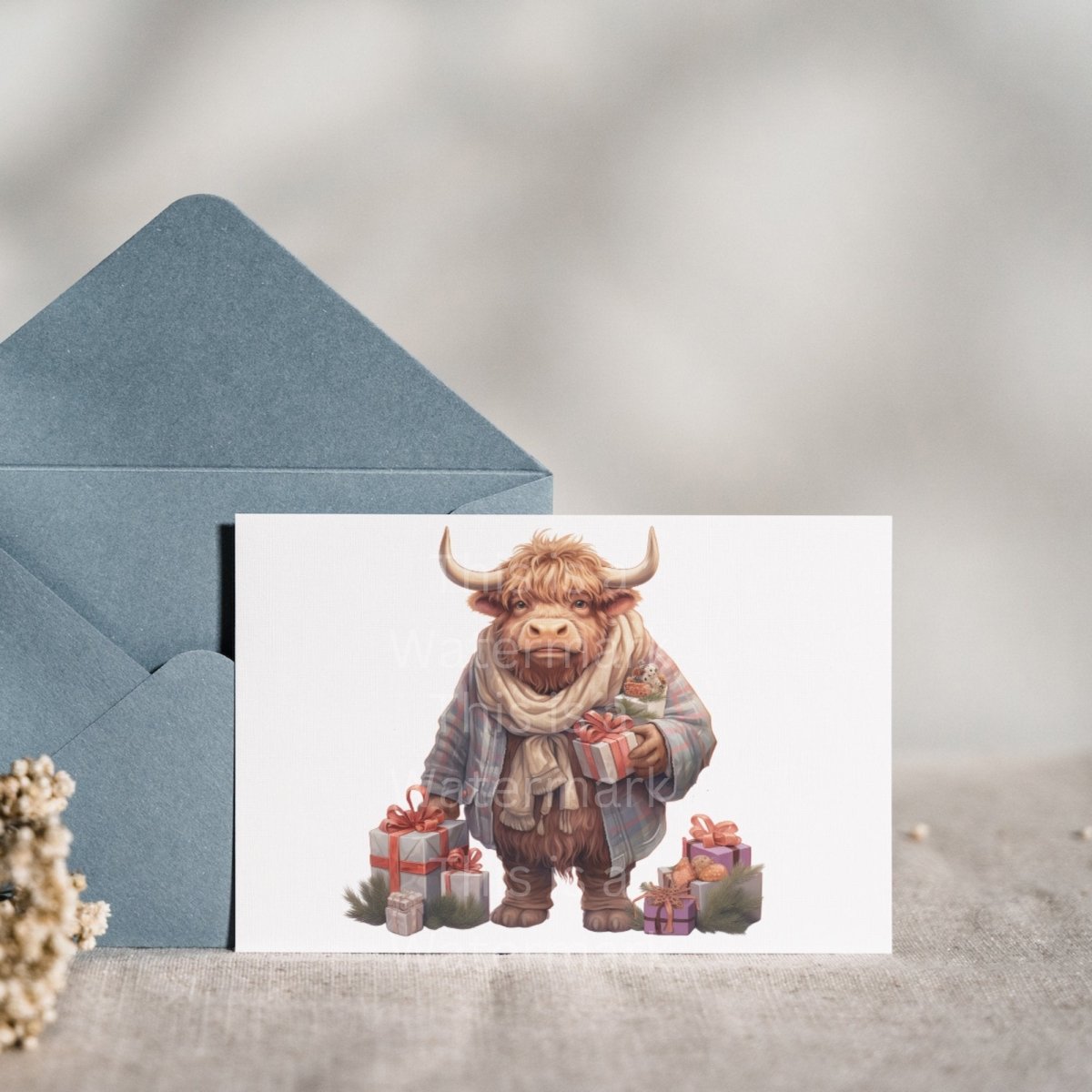 Highland Cow Character Clipart 7+7 PNG JPG Funny Christmas Invitation Card Graphic Paper Crafting Artwork T-Shirt Sublimation Design - Everything Pixel