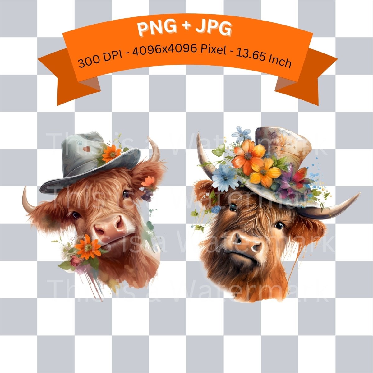 Highland Cow Flower Hat 6 + 6 PNG Bundle for Sublimation & Clipart - Everything Pixel