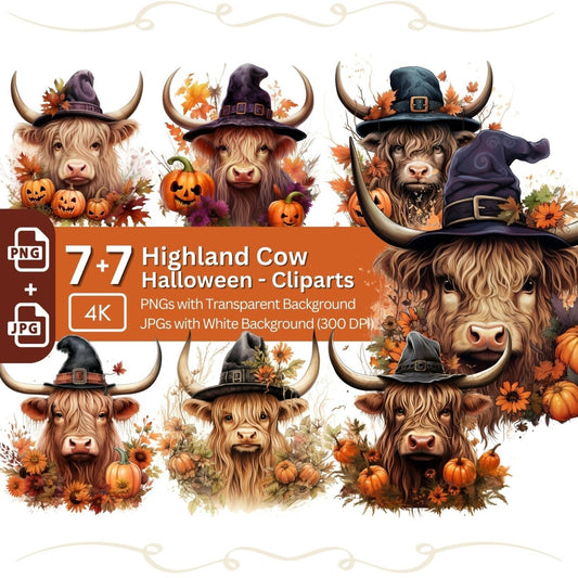 Highland Cow Halloween Clipart 7+7 PNG JPG Bundle - Everything Pixel