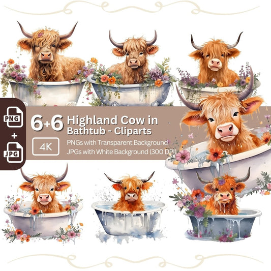 Highland Cow in Bathtub 6+6 PNG Bundle for Sublimation & Clipart - Everything Pixel