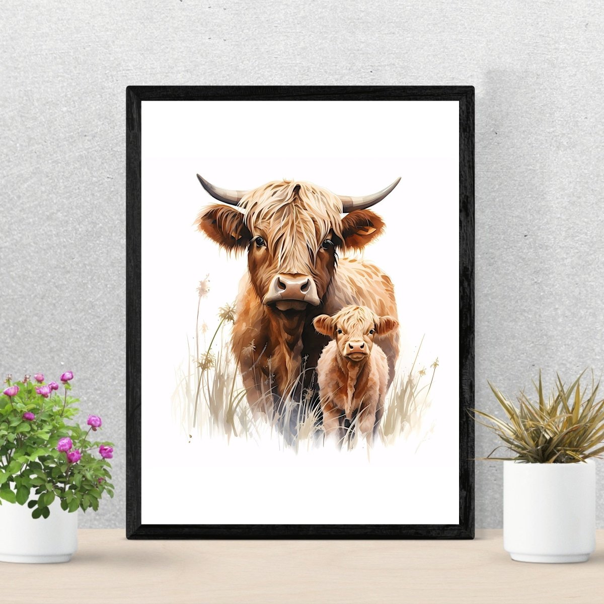 Highland Cow Mother & Calf - Watercolor Nursery Wall Art - Everything Pixel