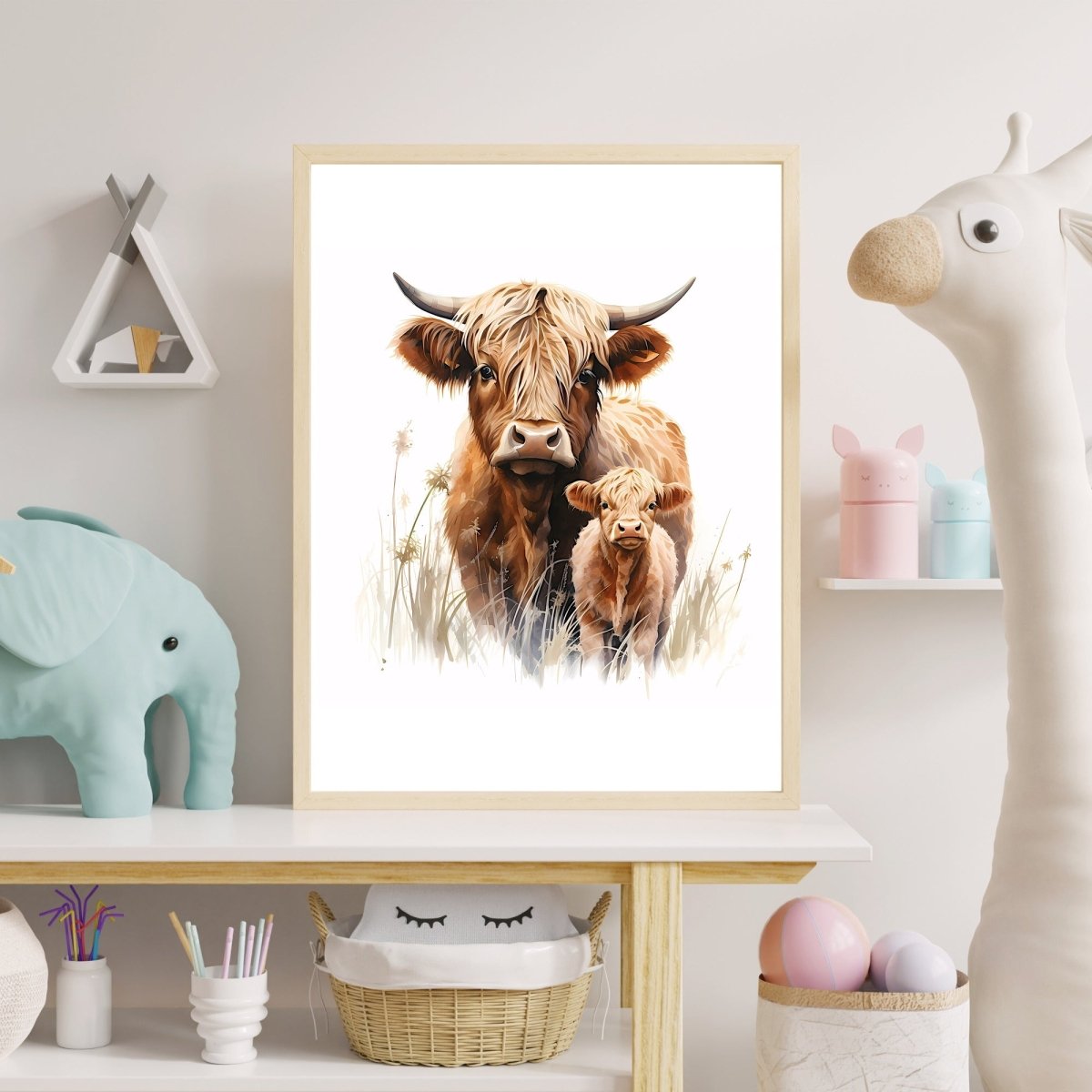 Highland Cow Mother & Calf - Watercolor Nursery Wall Art - Everything Pixel