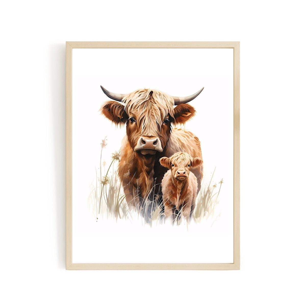 Highland Cow Mother & Calf - Watercolor Nursery Wall Art - Everything Pixel