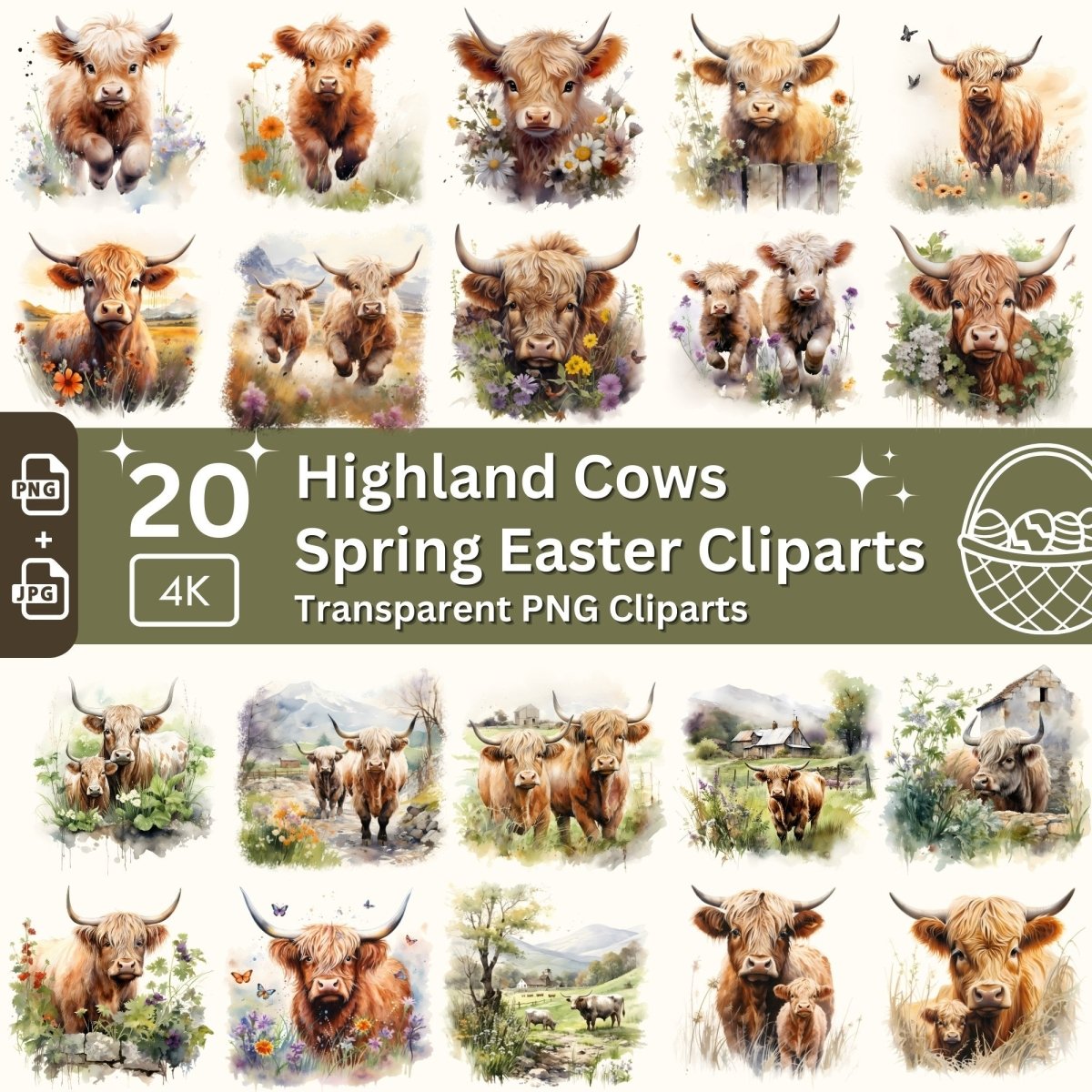 Highland Cow Watercolor Clipart Bundle - 20 Spring PNGs - Everything Pixel
