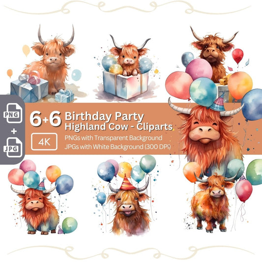Highland Cows at Birthday 6+6 PNG Bundle for Sublimation & Clipart - Everything Pixel