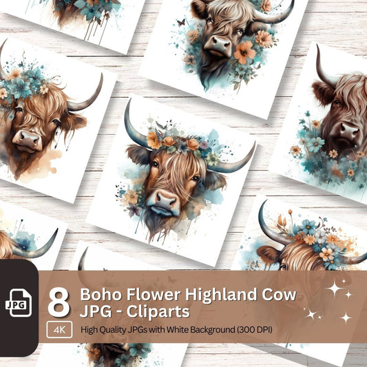 Highland Cows Boho Flower 8 JPG Bundle Clipart - Everything Pixel