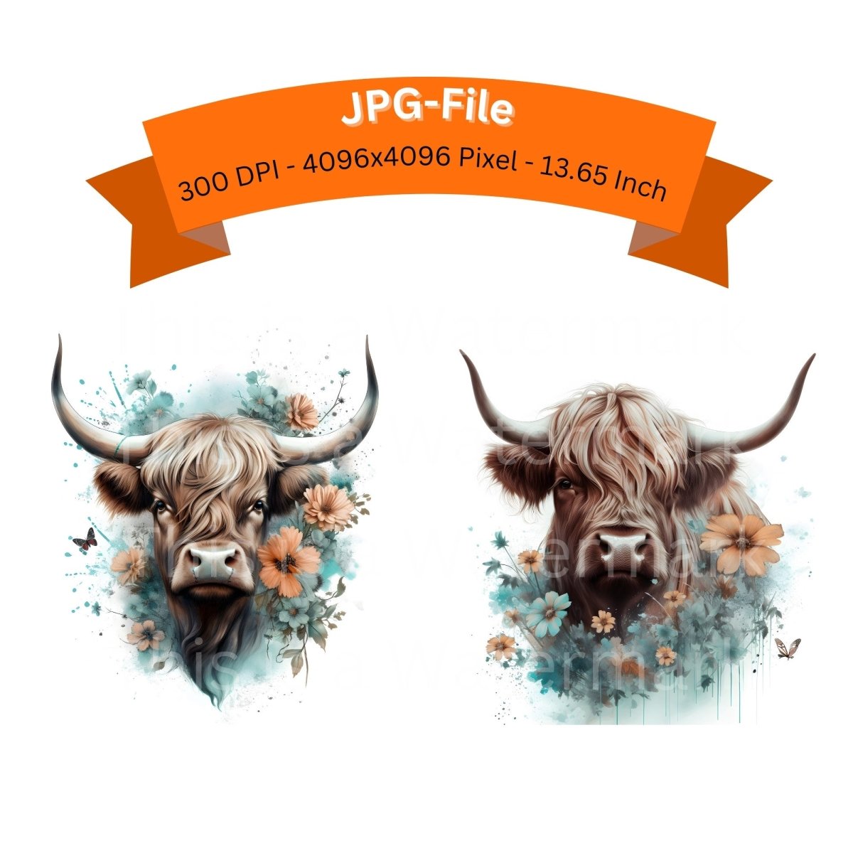 Highland Cows Boho Flower 8 JPG Bundle Clipart - Everything Pixel