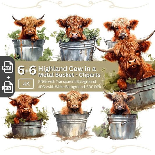 Highland Cows in Metal Bucket 6+6 PNG Bundle for Sublimation & Clipart - Everything Pixel