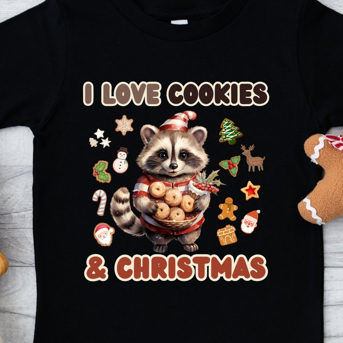 I love Christmas Cookies T-Shirt - High Quality Funny Children T-Shirt, Holiday Shirt, Toddler Christmas Vacation Tee, Cute Raccoon Tee - Everything Pixel