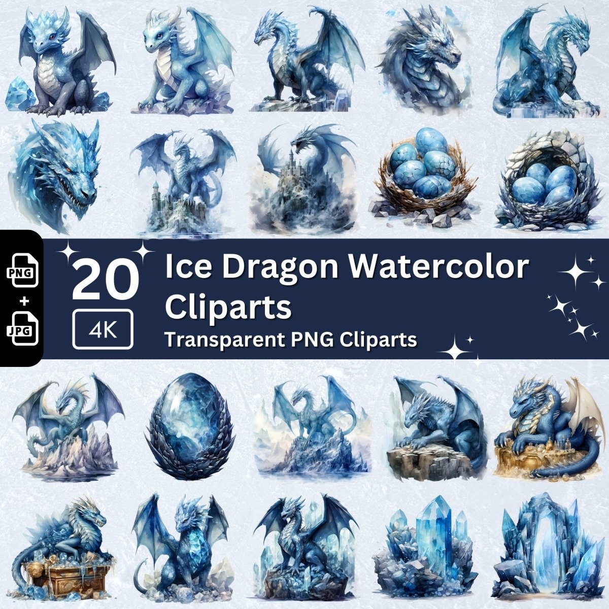 Ice Dragon Cliparts 20 PNG Bundle Fantasy Sublimation Graphic Magical Creatures Artwork Watercolor Fairy Tale Design Junk Journal Kit - Everything Pixel