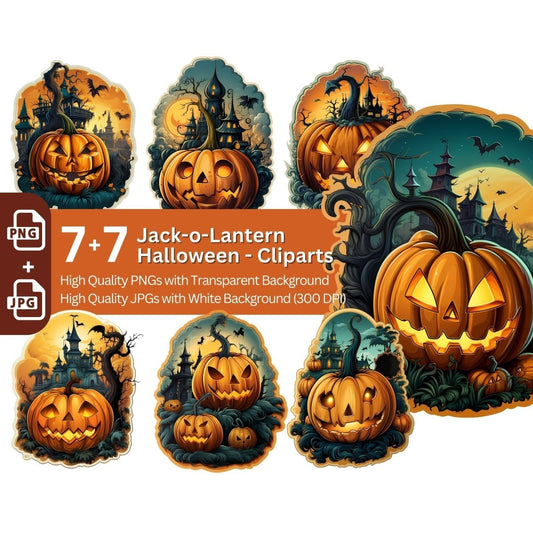 Jack-o-Lantern Halloween Clipart 7+7 PNG Bundle Spooky - Everything Pixel