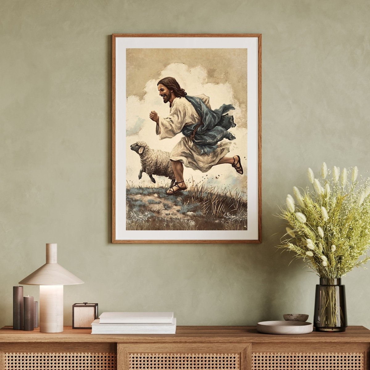 Jesus and Lamb Wall Art Vintage Christian Spring Artwork Jesus running with his Lamb Easter Farmhouse Decor Good Sheperd Print Paper Poster Print - Everything Pixel