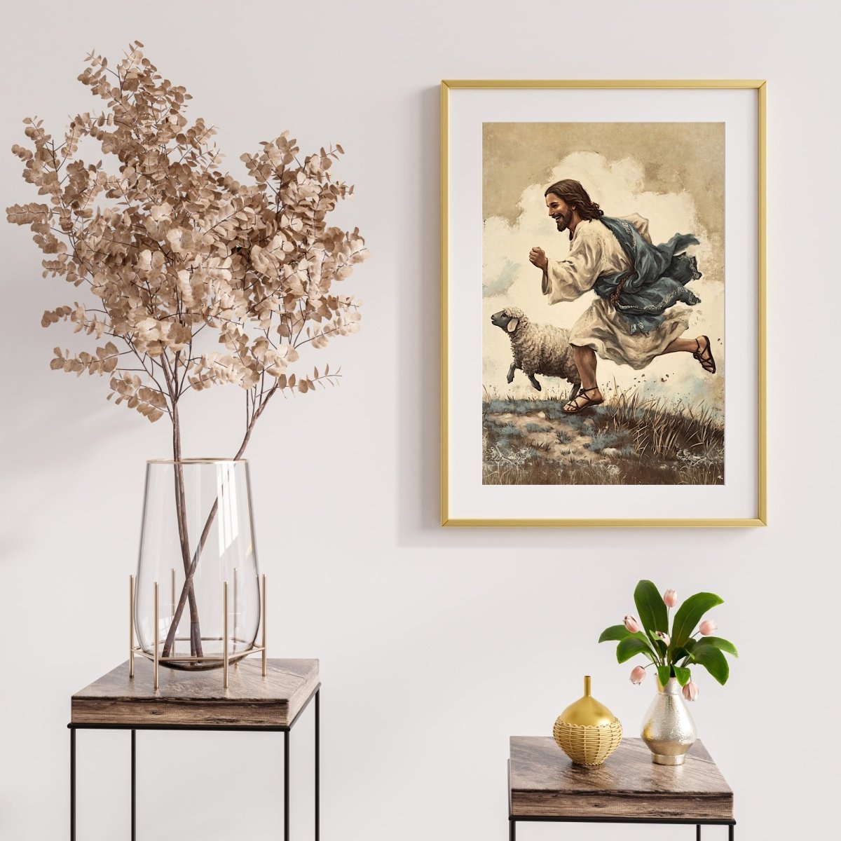 Jesus and Lamb Wall Art Vintage Christian Spring Artwork Jesus running with his Lamb Easter Farmhouse Decor Good Sheperd Print Paper Poster Print - Everything Pixel