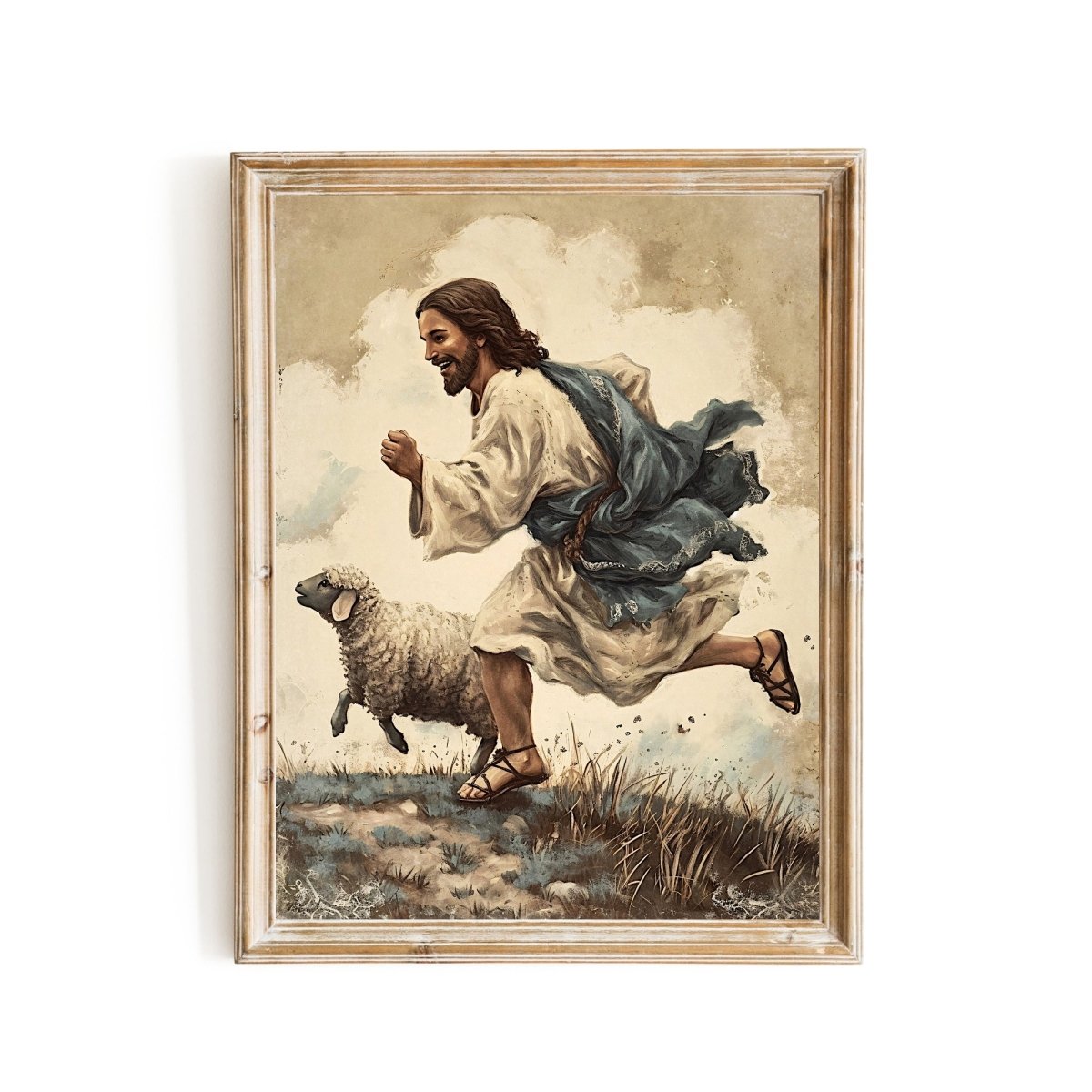 Jesus and Lamb Wall Art Vintage Christian Spring Artwork Jesus running with his Lamb Easter Farmhouse Decor Good Sheperd Print Paper Poster Print - Everything Pixel