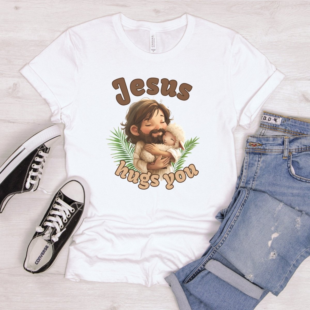 Jesus Hugs You - Cartoon Lamb T-Shirt - Everything Pixel