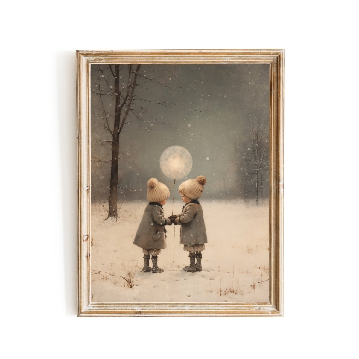 Let's raise the Moon Wall Art Vintage Winter Landscape Charming Children Christmas Scene Muted Seasonal Print Antique Painting Paper Poster Print - Everything Pixel