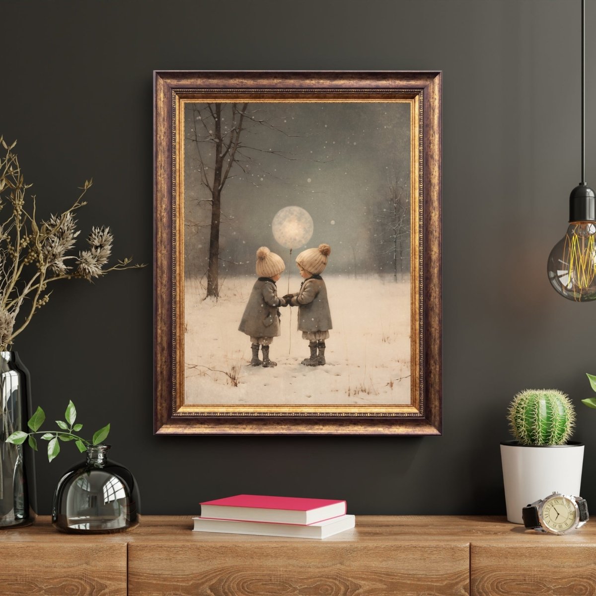 Let's raise the Moon Wall Art Vintage Winter Landscape Charming Children Christmas Scene Muted Seasonal Print Antique Painting Paper Poster Print - Everything Pixel