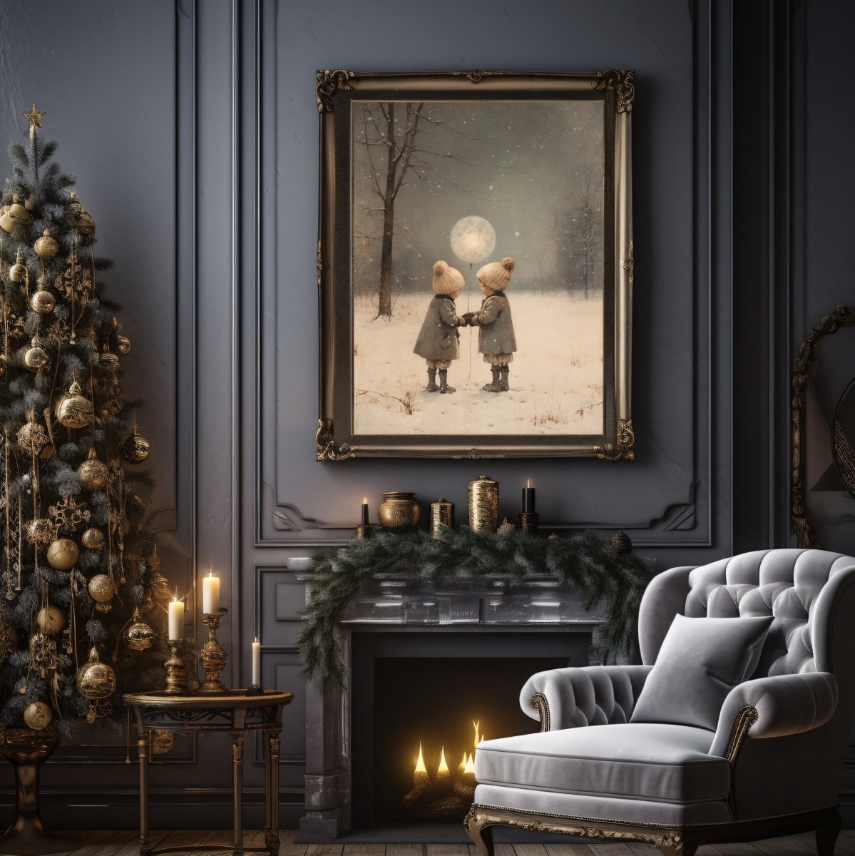 Let's raise the Moon Wall Art Vintage Winter Landscape Charming Children Christmas Scene Muted Seasonal Print Antique Painting Paper Poster Print - Everything Pixel