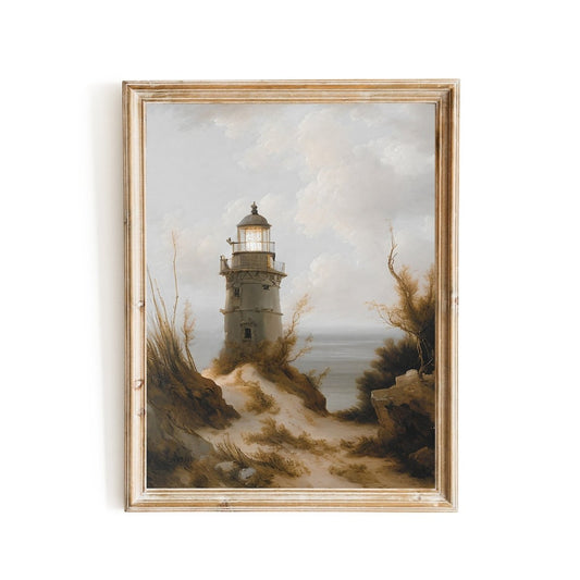 Lighthouse at beach print nautical painting coastal art - Everything Pixel