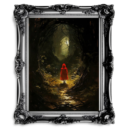 Little Red Riding Hood Wall Art Spooky Mysterious Fairytale Wall Decor Eerie Dark Forest Painting Dark Cottagecore Gothic Print - Everything Pixel