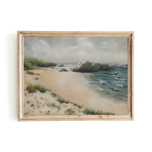 Lonely sandbeach with rocks vintage art watercolor painting - Everything Pixel