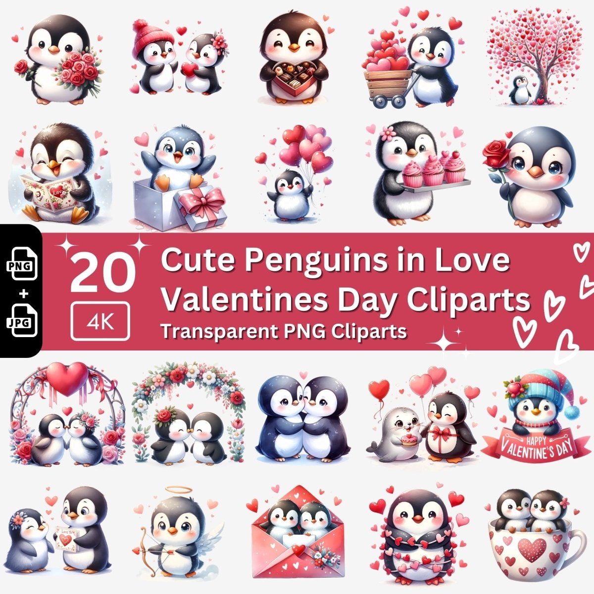 Love Penguin Cliparts 20 PNG Bundle Cute Valentines Day Set Card Crafting Junk Journal Kit Romantic Sweet Penguins Animal Couple in Love - Everything Pixel