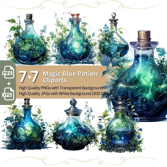 Magic Blue Potion 7+7 PNG Clip Art Bundle Magic Fantasy Elixir - Everything Pixel