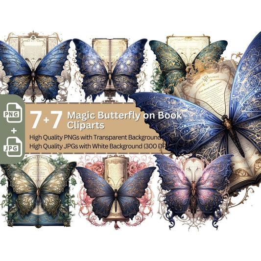 Magic Butterfly on Book 7+7 PNG Clip Art Bundle Fantasy Witchcraft Spellbook - Everything Pixel