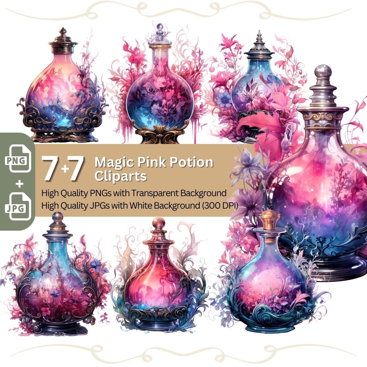 Magic Pink Potion 7+7 PNG Clip Art Bundle Magic Fantasy Elixir Magical Herbs Witchcraft - Everything Pixel