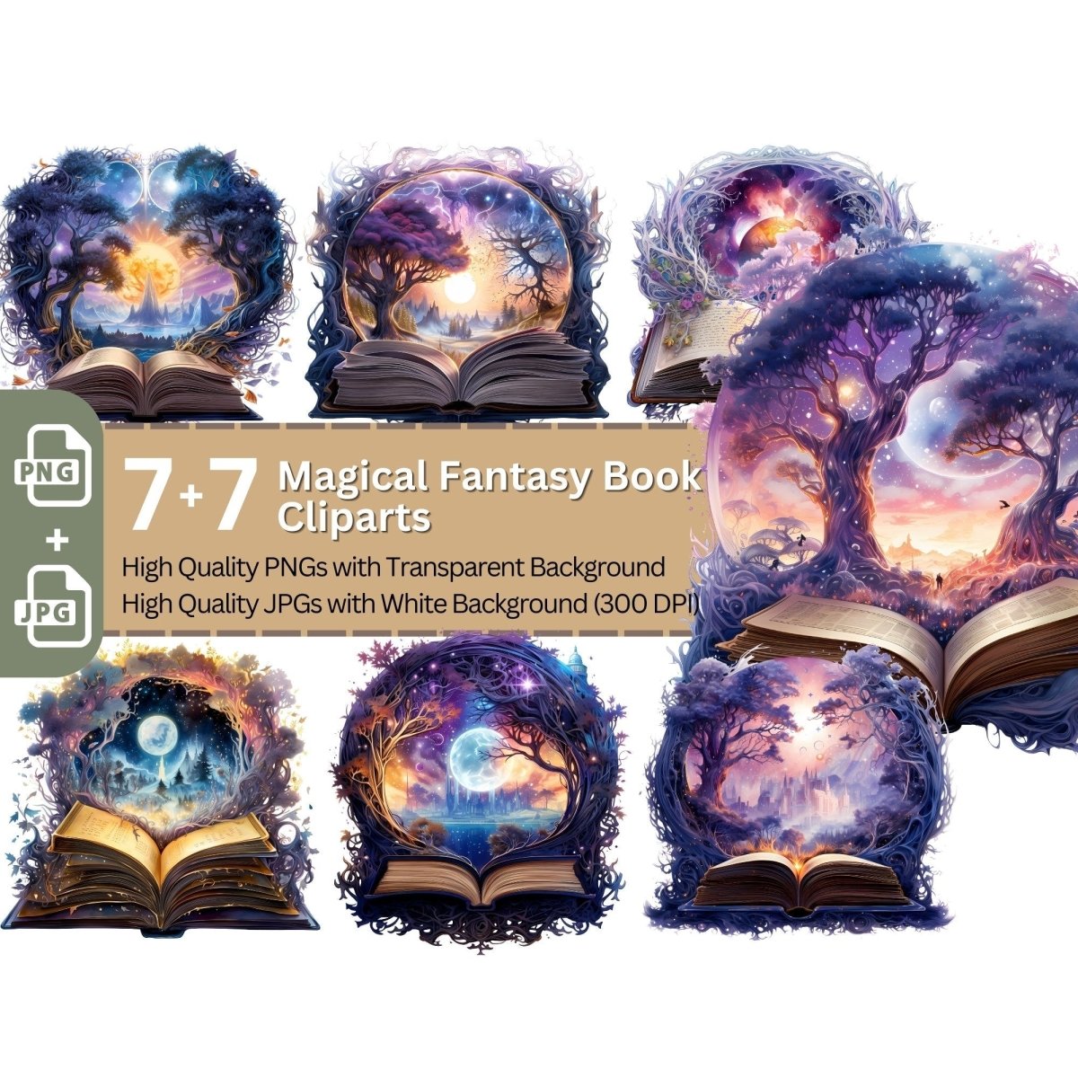 Magical Fantasy Book 7+7 PNG Bundle Fairytale Book into other Worlds Witchcraft Spellbook - Everything Pixel
