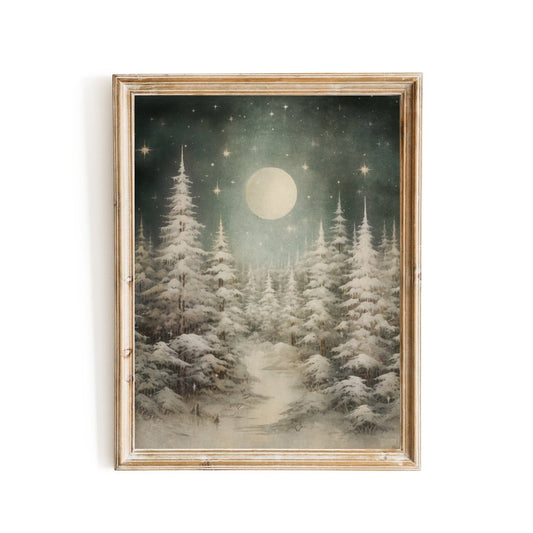 Magical Winter Night Wall Art Vintage Winter Woodland Artwork Enchanting Christmas Night Print Swedish Winter Wonderland Paper Poster Print - Everything Pixel