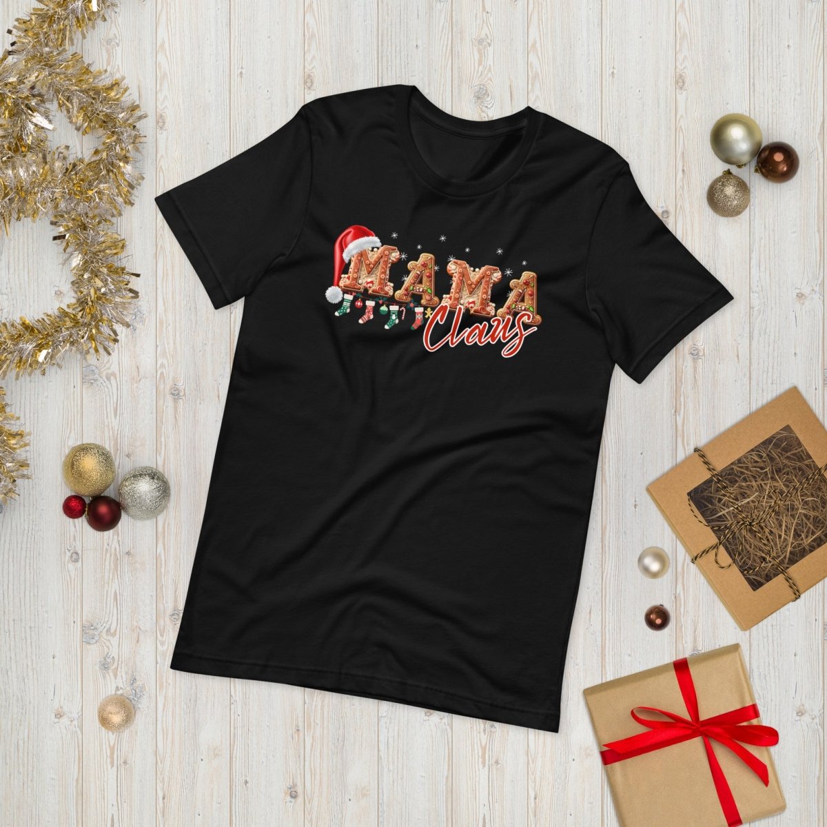 Mama Claus Christmas T-Shirt - High Quality Funny Unisex T-Shirt, Gingerbread Letters Shirt Design, Christmas Vacation Tee, Family Xmas Tee - Everything Pixel