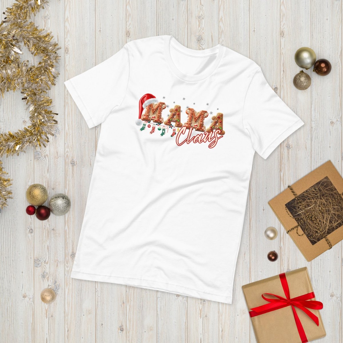 Mama Claus Christmas T-Shirt - High Quality Funny Unisex T-Shirt, Gingerbread Letters Shirt Design, Christmas Vacation Tee, Family Xmas Tee - Everything Pixel