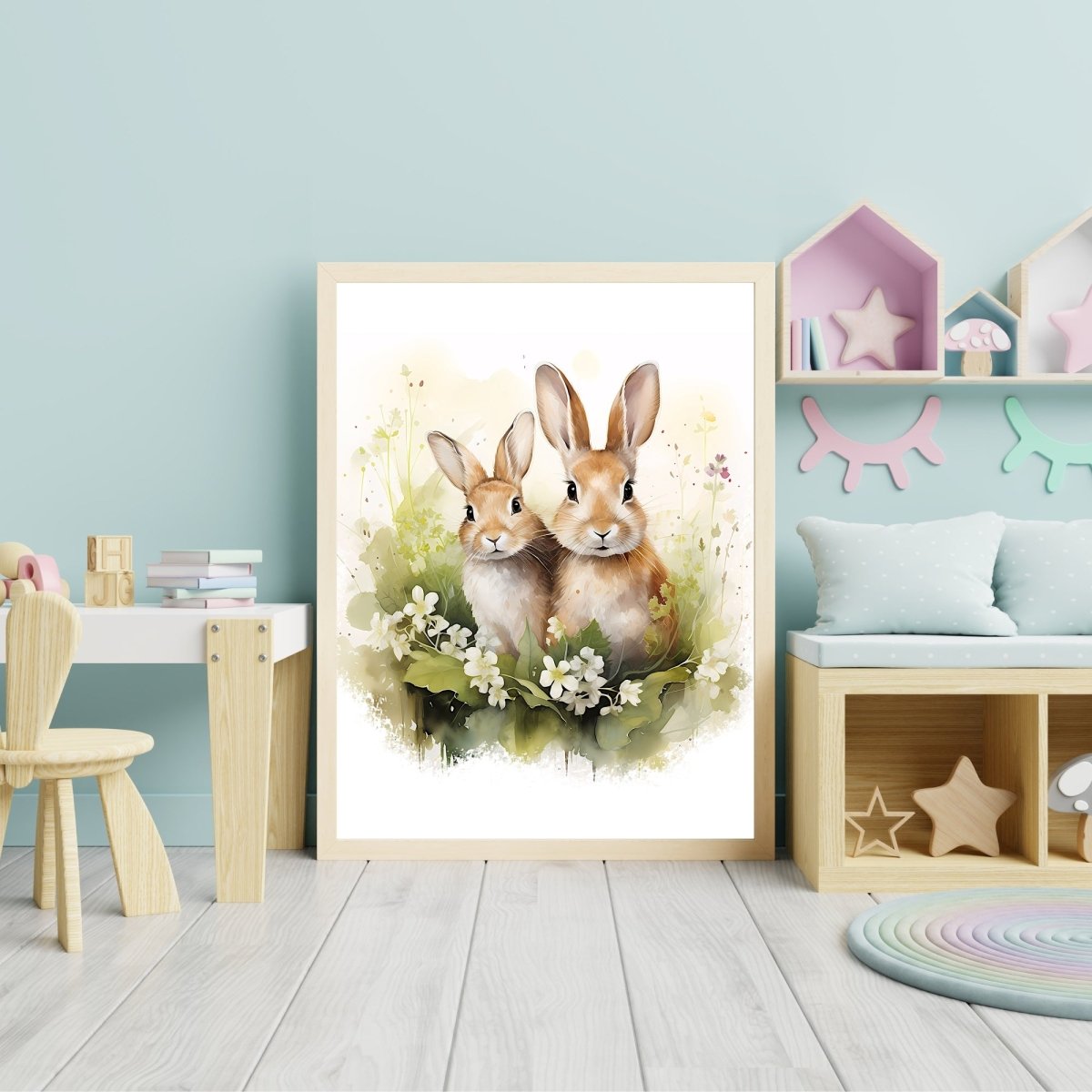 Meadow Bunnies - Watercolor Nursery Wall Art Print - Everything Pixel