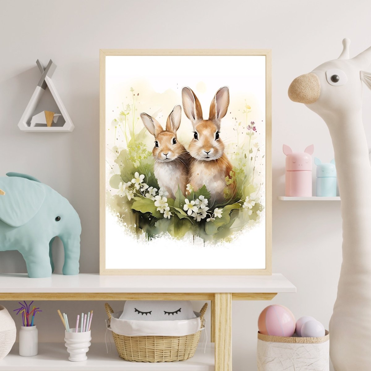 Meadow Bunnies - Watercolor Nursery Wall Art Print - Everything Pixel
