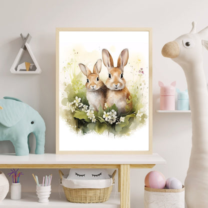 Meadow Bunnies - Watercolor Nursery Wall Art Print - Everything Pixel