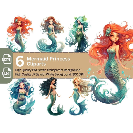 Mermaid Princess 6+6 PNG Clip Art Bundle Fantasy - Everything Pixel