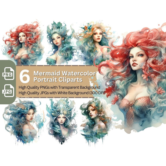 Mermaid Watercolor Portrait 6+6 PNG Clip Art Bundle Fantasy - Everything Pixel