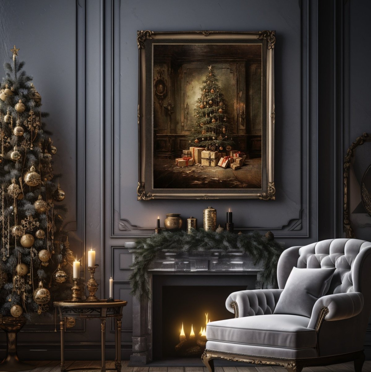 Moody Christmas Tree Wall Art Abandoned House Christmas Painting Dark Cottagecore Artwork Gothic Christmas Art Retro Winter Paper Poster Print - Everything Pixel