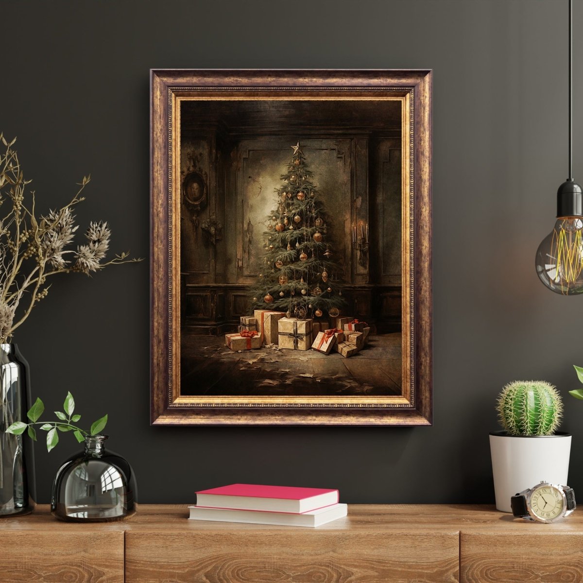 Moody Christmas Tree Wall Art Abandoned House Christmas Painting Dark Cottagecore Artwork Gothic Christmas Art Retro Winter Paper Poster Print - Everything Pixel