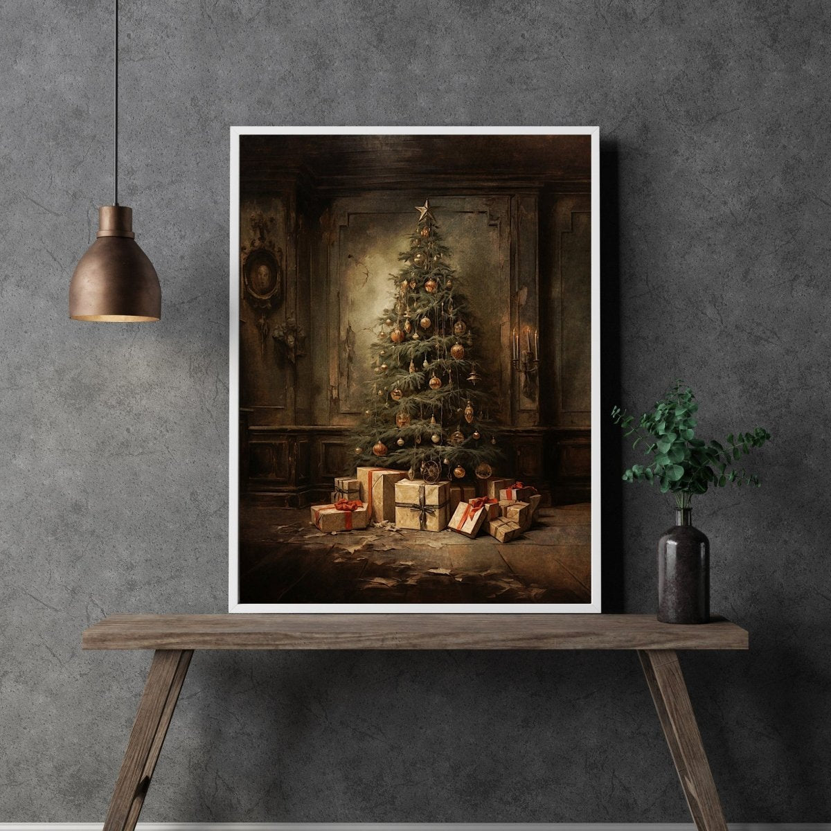 Moody Christmas Tree Wall Art Abandoned House Christmas Painting Dark Cottagecore Artwork Gothic Christmas Art Retro Winter Paper Poster Print - Everything Pixel