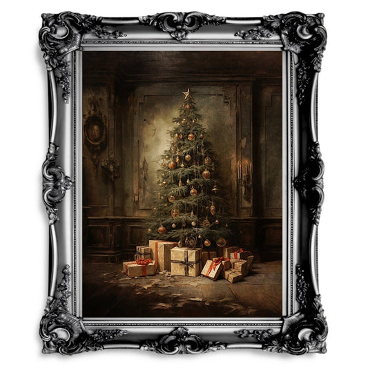 Moody Christmas Tree Wall Art Abandoned House Christmas Painting Dark Cottagecore Artwork Gothic Christmas Art Retro Winter Paper Poster Print - Everything Pixel