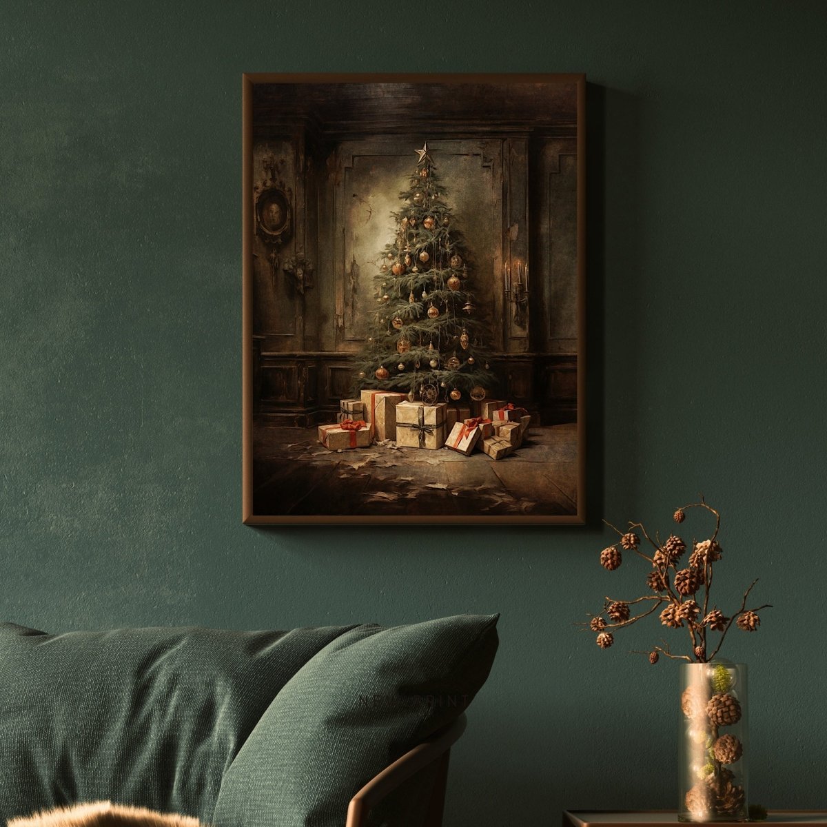 Moody Christmas Tree Wall Art Abandoned House Christmas Painting Dark Cottagecore Artwork Gothic Christmas Art Retro Winter Paper Poster Print - Everything Pixel