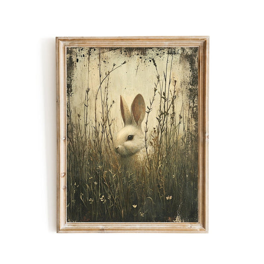Moody White Bunny in Grass - Vintage Gothic Wall Art Print - Everything Pixel