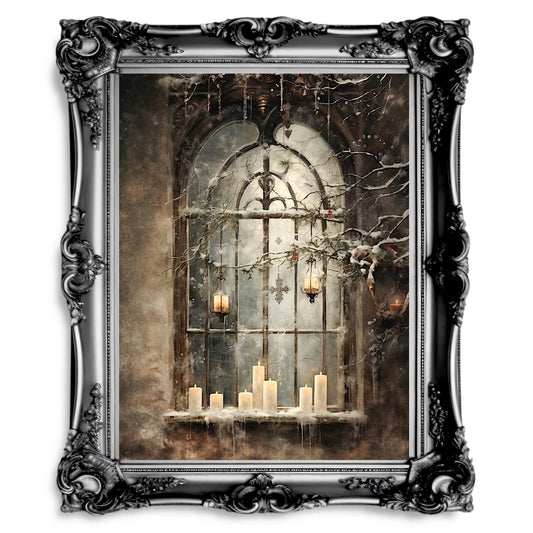 Moody Winter Window Wall Art Abandoned Mansion Christmas Painting Dark Cottagecore Artwork Gothic Winter Melancholic Art Paper Poster Print - Everything Pixel