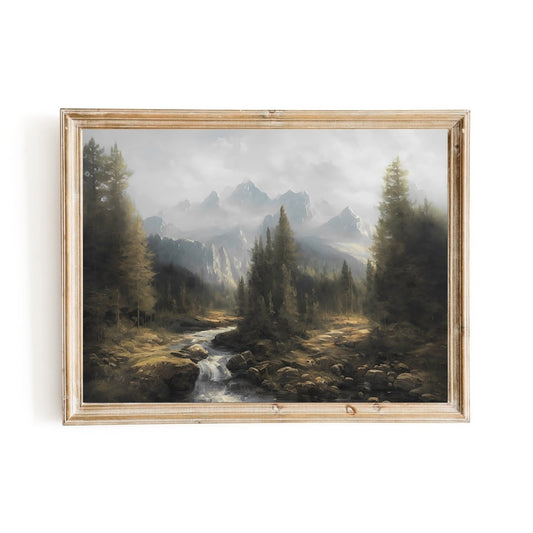 Mountain river landscape oil painting vintage art farmhouse decor alpine forest - Everything Pixel